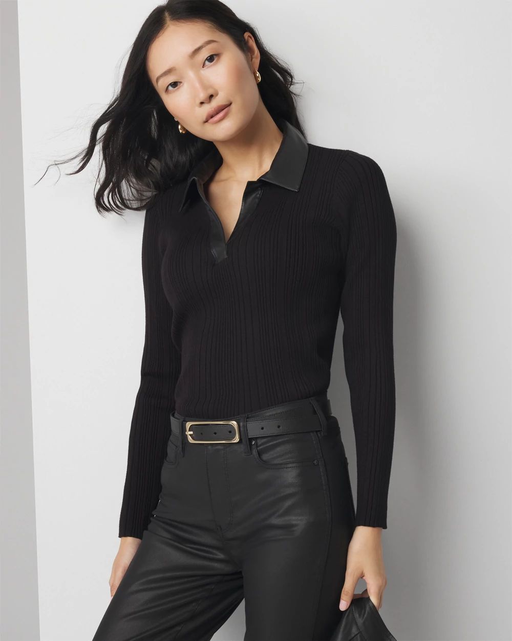 Faux Leather Collar Pullover Sweater | White House Black Market